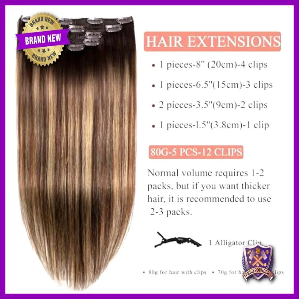 18 Inch Clip In Human Hair Extensions 5 Piece Set Straight 80g